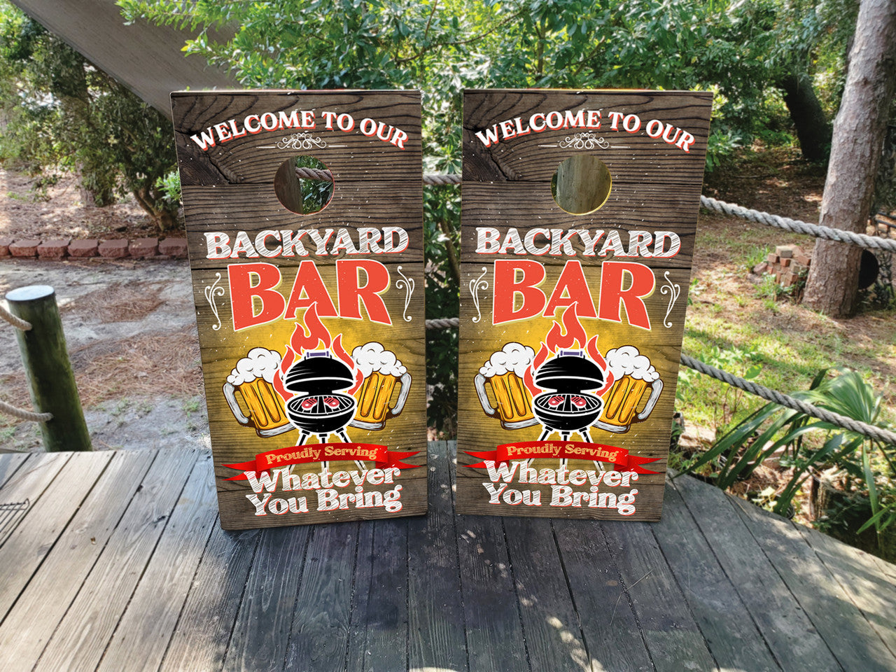 WELCOME TO OUR BACKYARD BAR CORNHOLE BOARDS / CORNHOLE SET/ Set