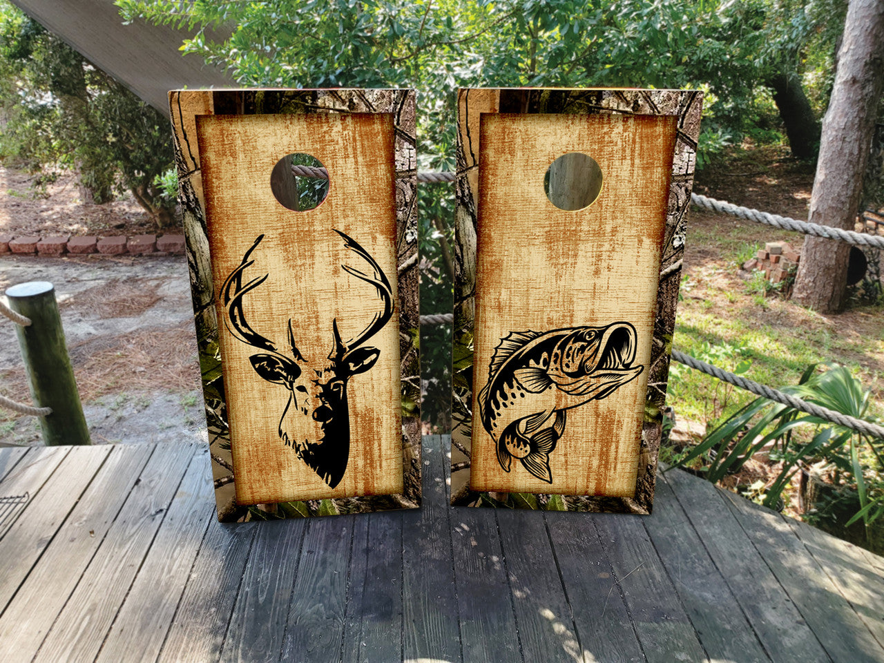 DEER AND FISH CAMO / WOOD GRAIN / BOWLING ARROWS / CORNHOLE BOARDS / CORNHOLE SET/ Set