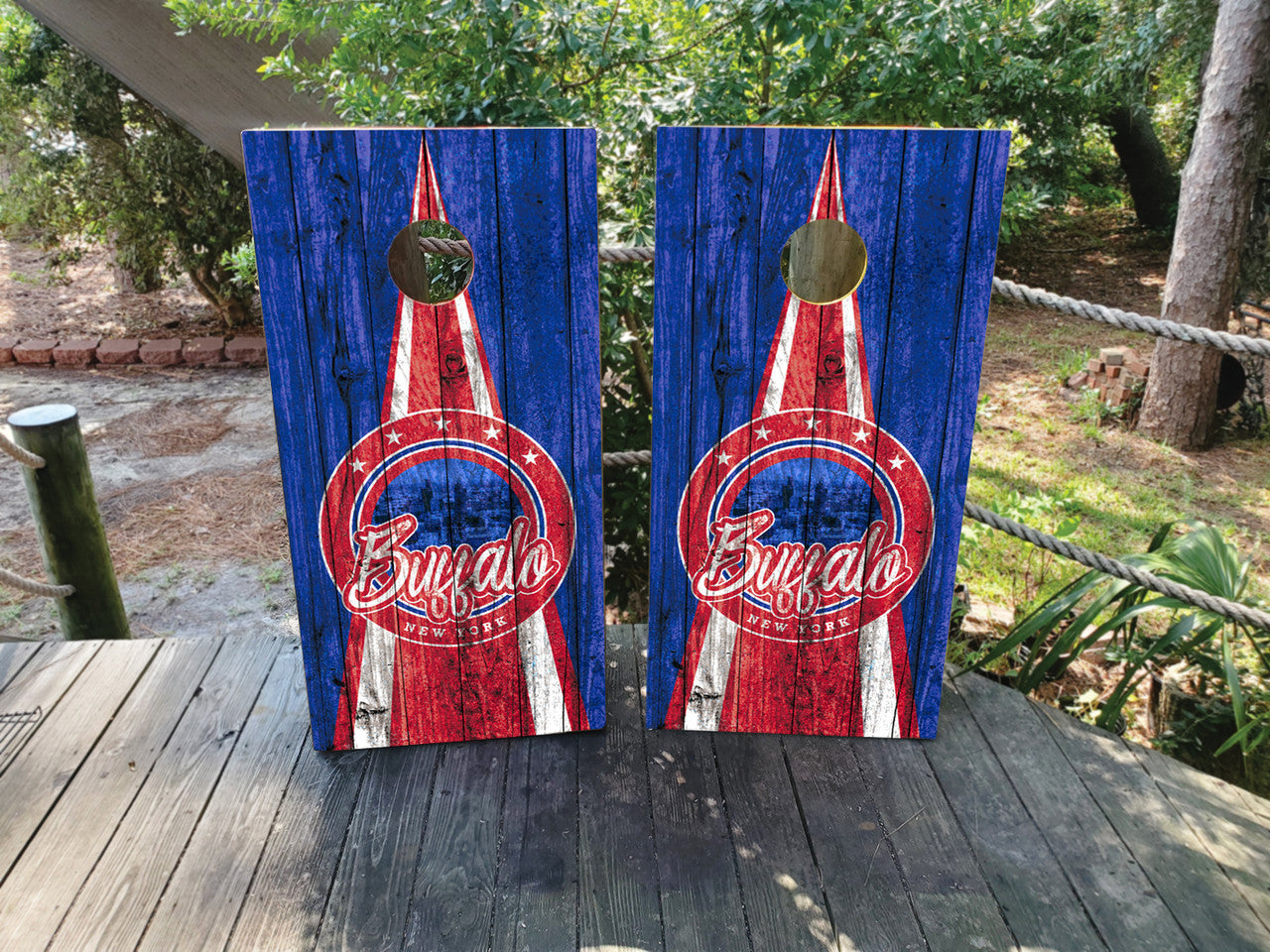 GRUNGY BUFFALO SKYLINE CORNHOLE BOARDS / SET- DESIGN 2 (WOOD GRAIN) / Set
