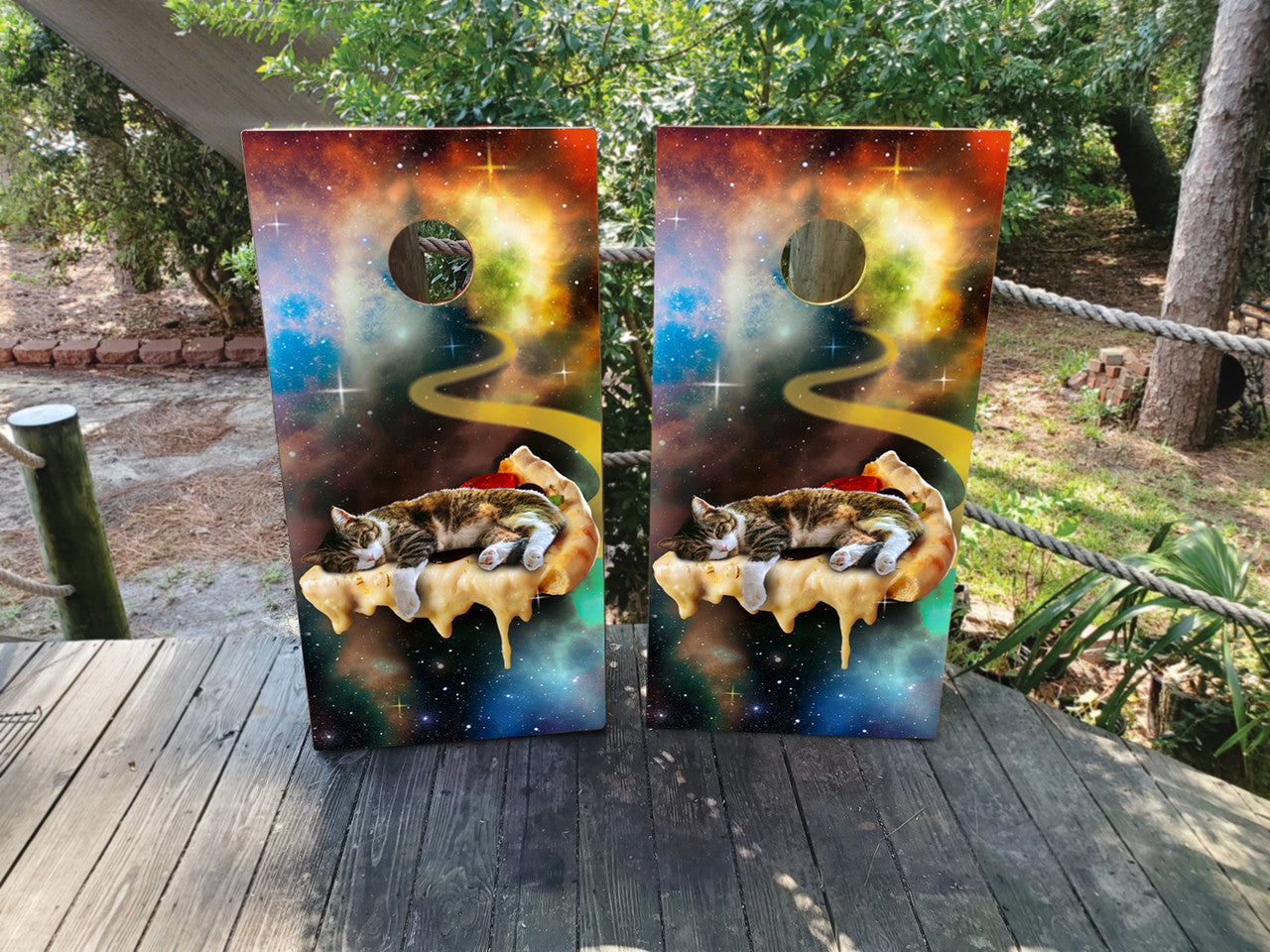 CAT SURFING ON A PIZZA IN SPACE / CORNHOLE BOARDS / SET/ STICKERS / DECALS / Set