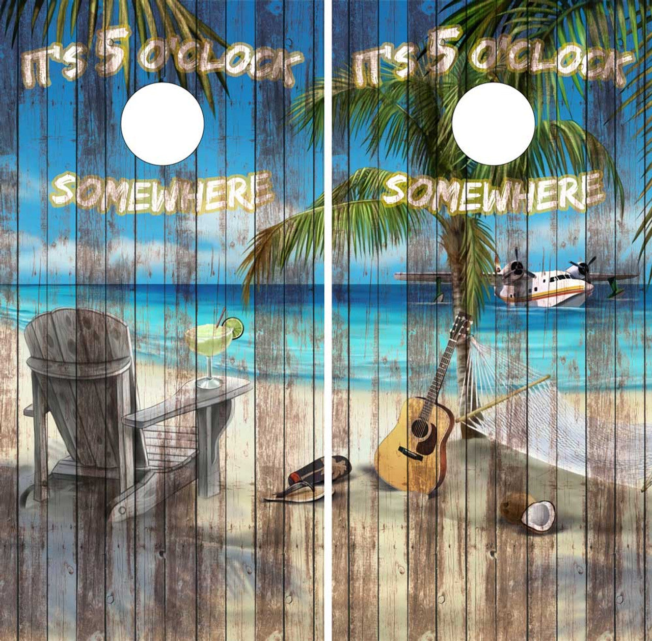 5 O'CLOCK SOMEWHERE BEACHY CORNHOLE BOARDS / SET- DESIGN 3 / Set
