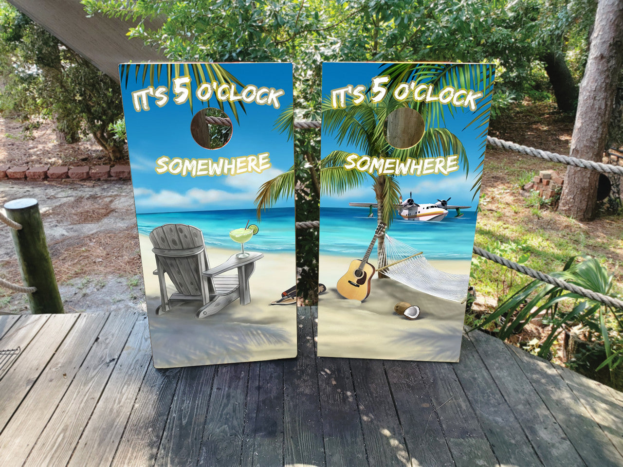 5 O'CLOCK SOMEWHERE BEACHY CORNHOLE BOARDS / SET- DESIGN 7 / Set