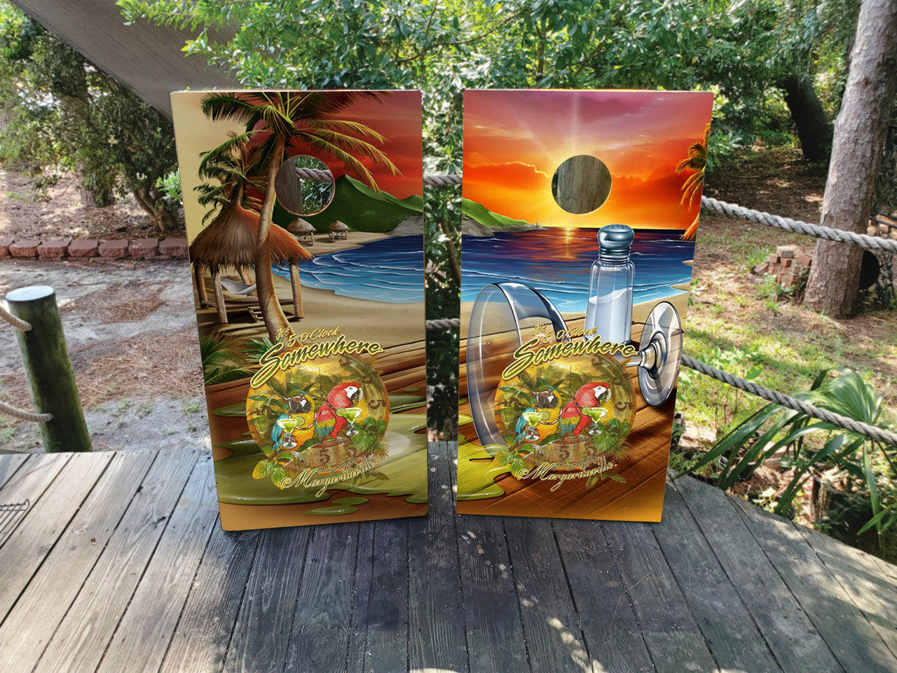 5 O'CLOCK SOMEWHERE BEACHY CORNHOLE BOARDS / SET- DESIGN 6 / Set