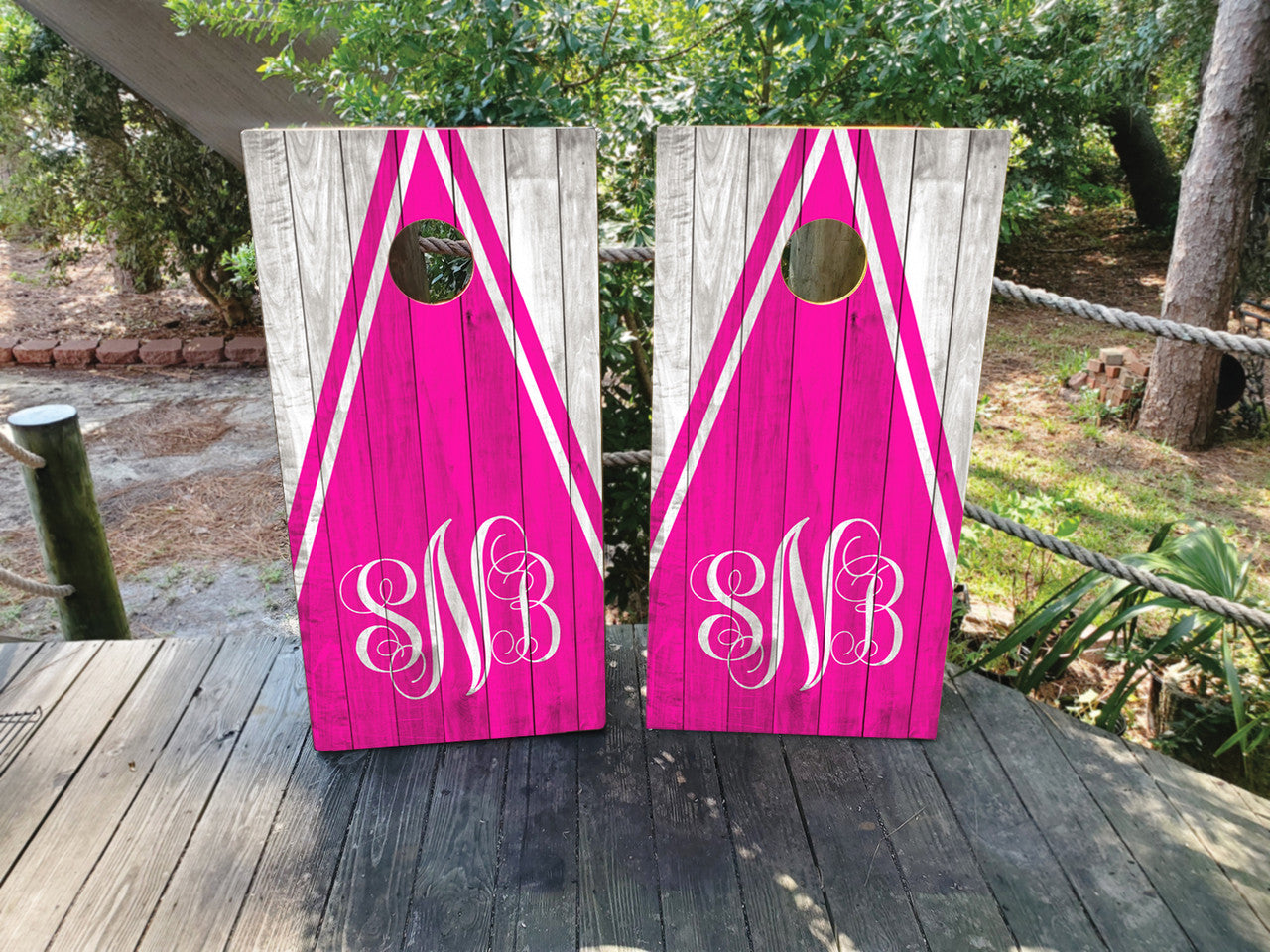 CUSTOM PINK WOOD GRAIN MONOGRAM CORNHOLE BOARDS / SET/ Set