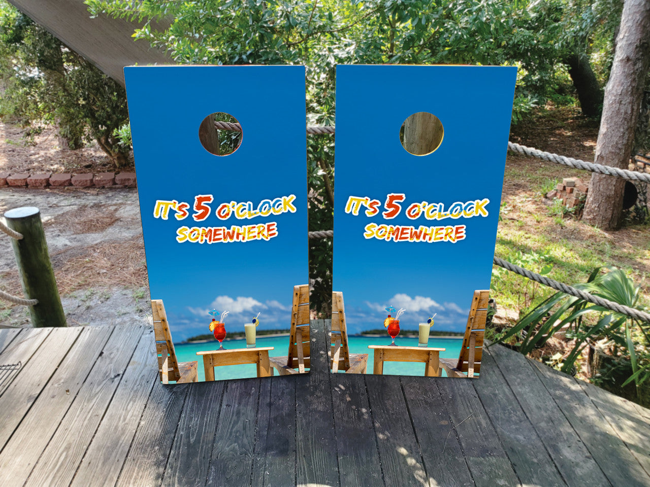 5 O'CLOCK SOMEWHERE BEACHY CORNHOLE BOARDS / SET- DESIGN 5 / Set