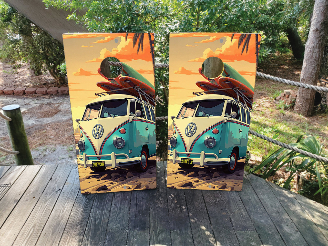 RETRO VW VAN ON THE BEACH CORNHOLE BOARDS / SET/ STICKERS / DECALS / Set