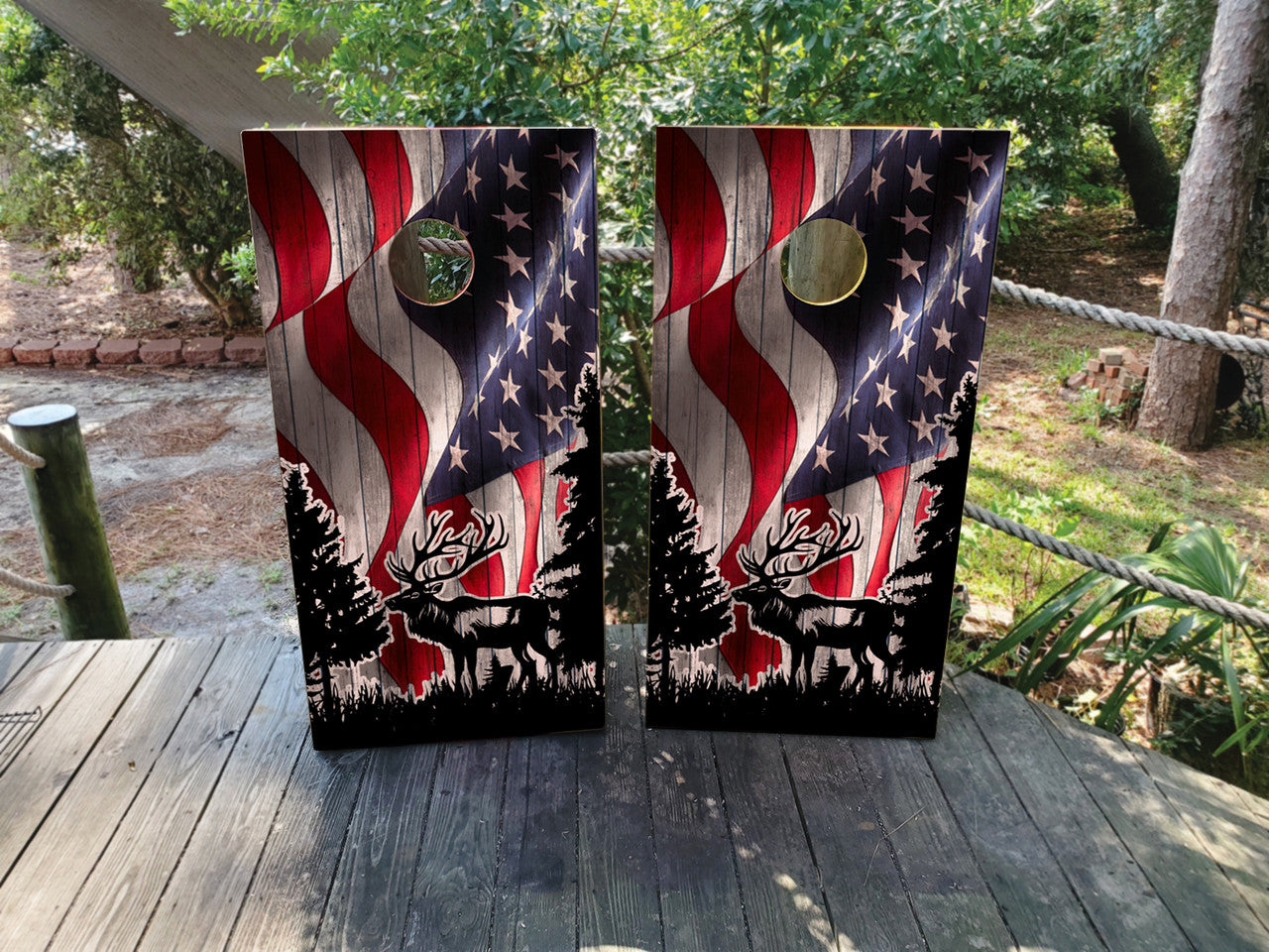 WAVING USA FLAG & DEER CORNHOLE BOARDS / SET/ Set