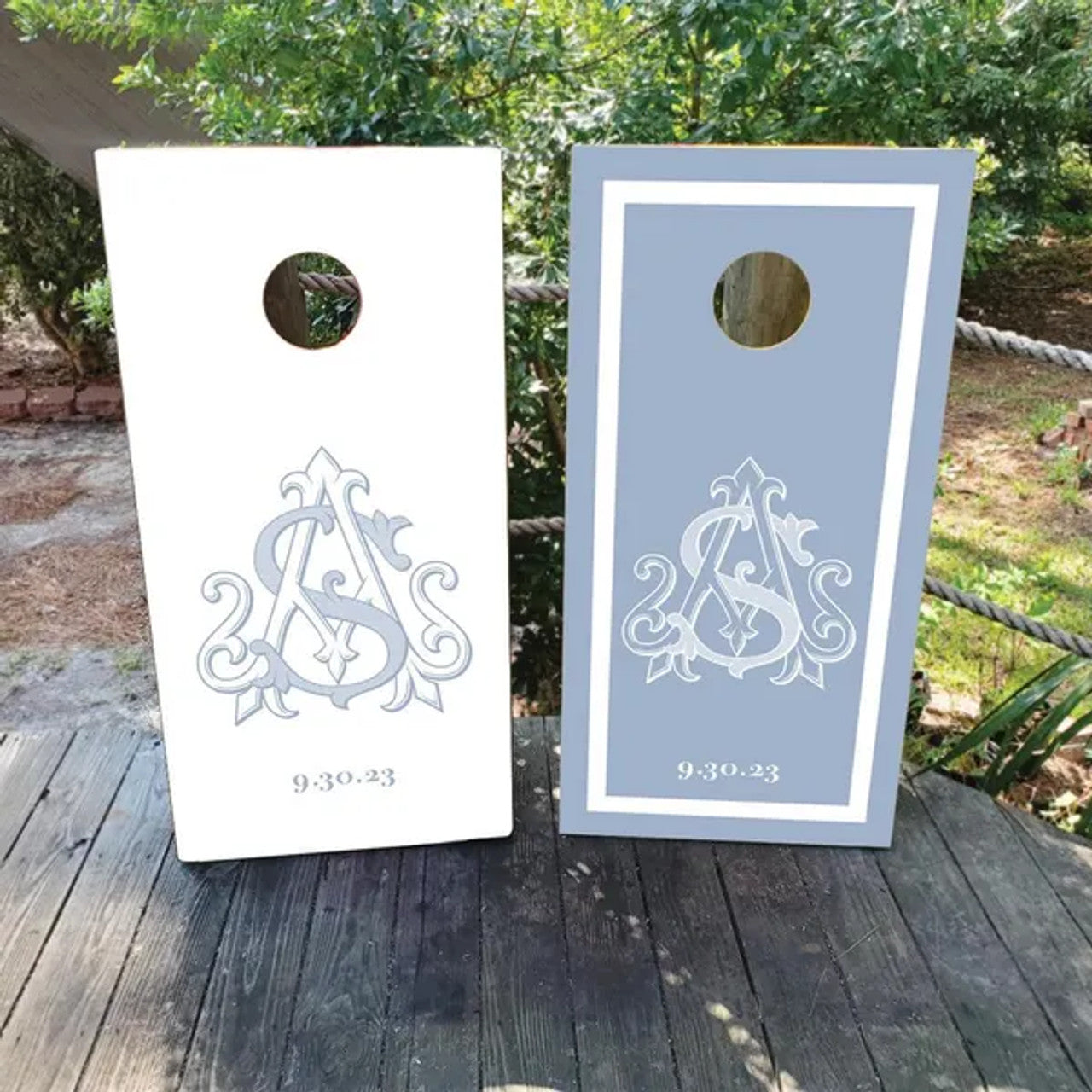DUSTY BLUE AND WHITE CUSTOM WEDDING CORNHOLE BOARDS / SET/ Set