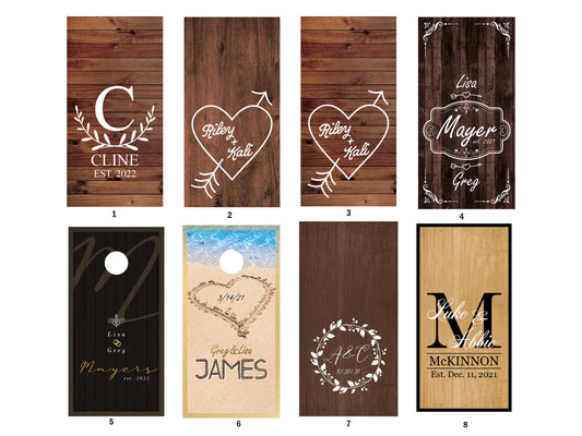 WEDDING CORNHOLE DECALS - DARK WOOD GRAIN, NATURAL WOOD GRAIN, ELEGANT, BEACH, BEACHY / CORNHOLE STICKERS, VINYL, SET/ Set