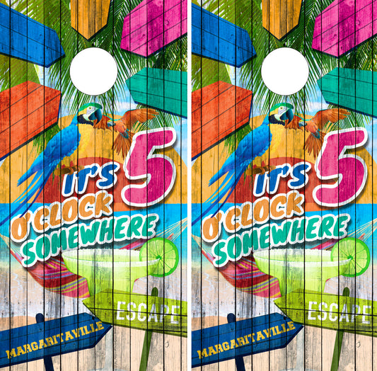 IT'S 5 O'CLOCK SOMEWHERE BEACHY CORNHOLE BOARDS / SET- DESIGN 1 / Set