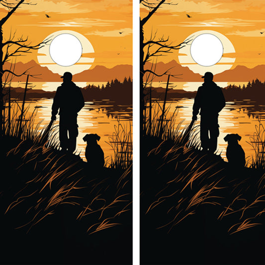 DUCK HUNTER CORNHOLE BOARDS/SET- SUNSET LAKE DESIGN WITH HUNTER AND DOG / Set