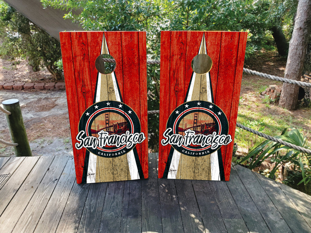 GRUNGY SAN FRANCISCO SKYLINE CORNHOLE BOARDS / SET- DESIGN 2 (WOOD GRAIN) / Set