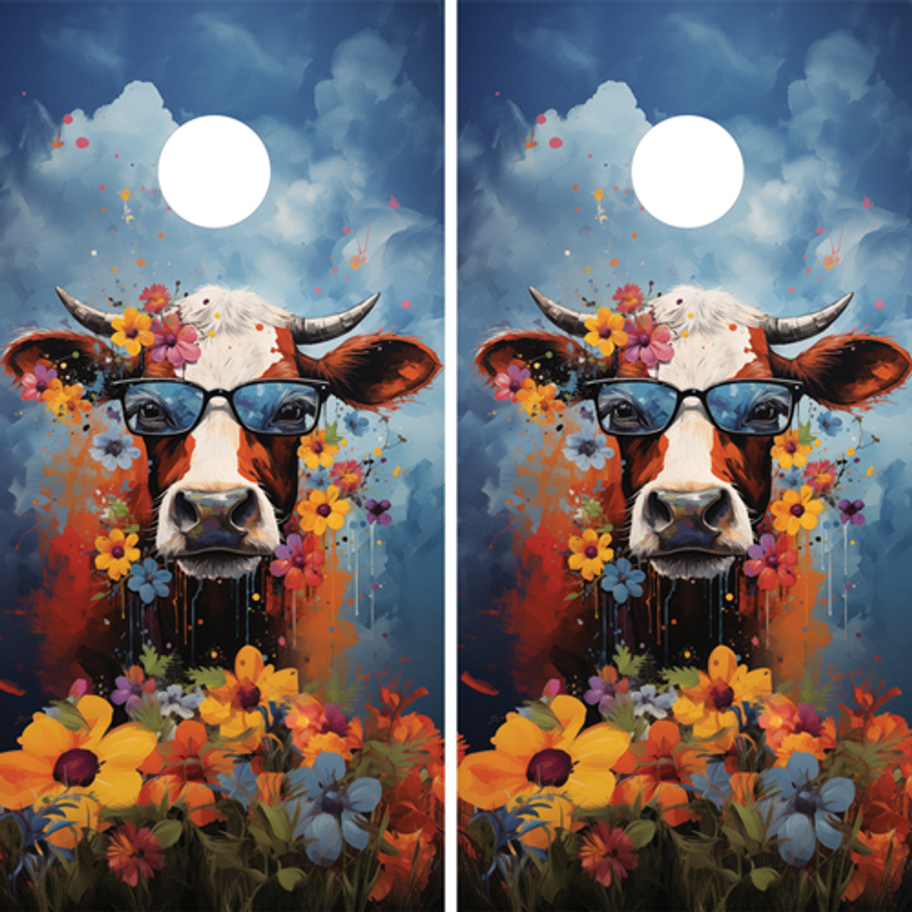 COLORFUL COW IN SUNGLASSES, WITH WILDFLOWERS CORNHOLE BOARDS / SET/ Set