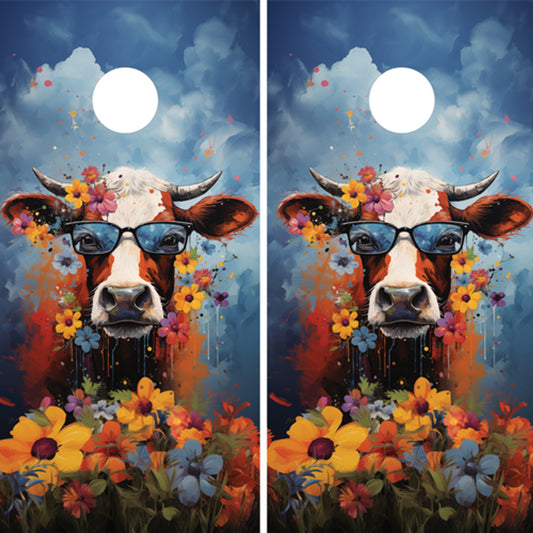COLORFUL COW IN SUNGLASSES, WITH WILDFLOWERS CORNHOLE BOARDS / SET/ Set