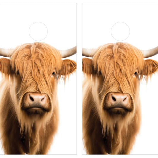 RUSTIC HIGHLAND COW ON A WHITE BACKGROUND CORNHOLE BOARDS / SET/ Set
